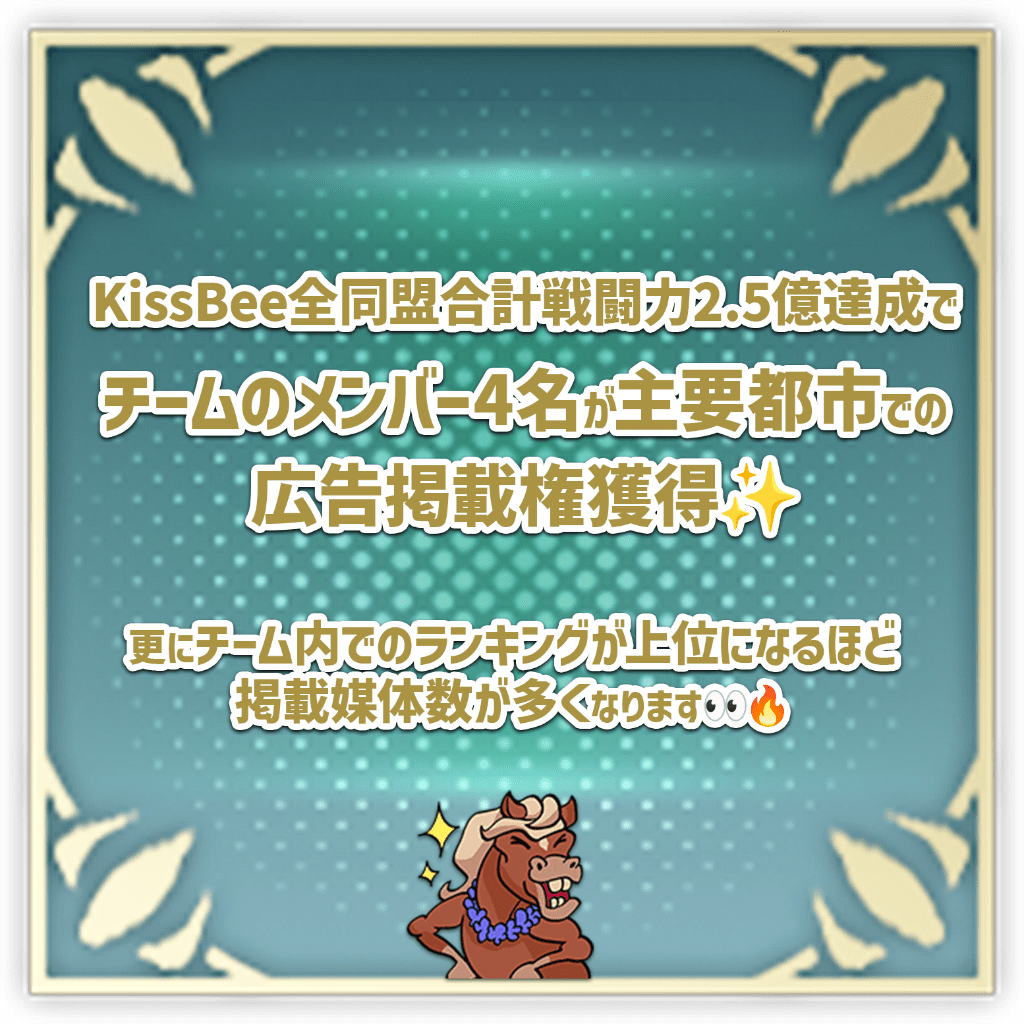 KissBee全同盟合計戦闘力2.5億達成で、チームのメンバー４名が主要都市での広告掲載権獲得！さらにチーム内でのランキングが上位になるほど掲載媒体数が多くなります！