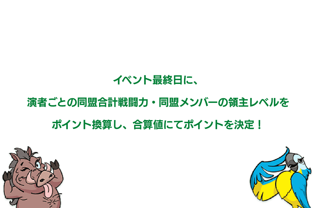 イベント最終日に、演者ごとの同盟合計戦闘力・同盟メンバーの領主レベルをポイント換算し、合算値にてポイントを決定！