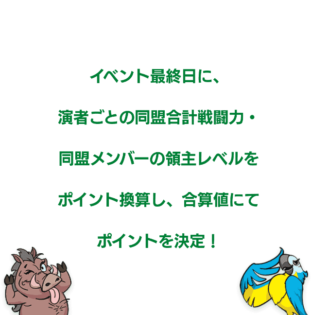 イベント最終日に、演者ごとの同盟合計戦闘力・同盟メンバーの領主レベルをポイント換算し、合算値にてポイントを決定！